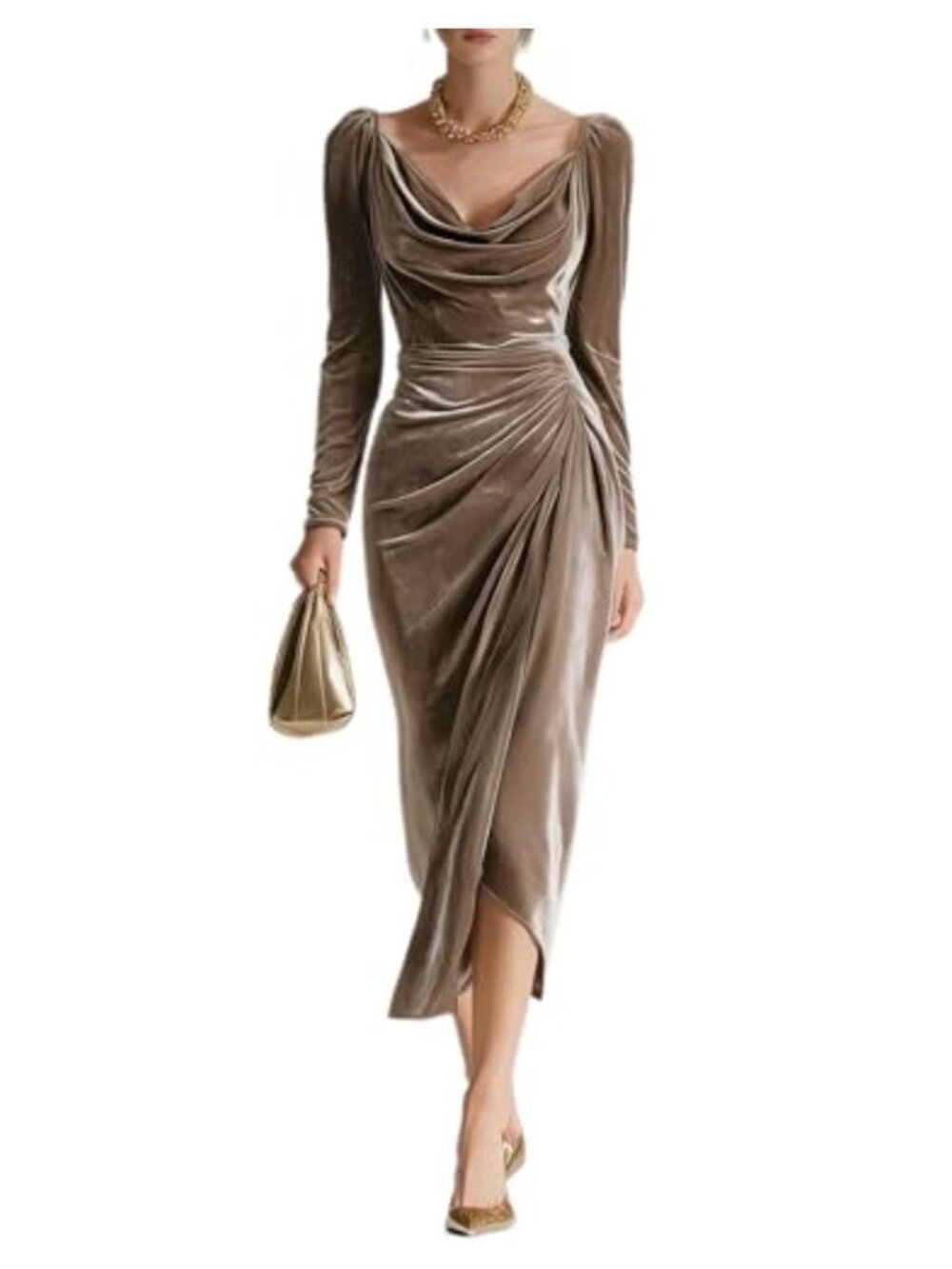 Velvet Cowl Neck Long Sleeve Bodycon Midi Cocktail Dress